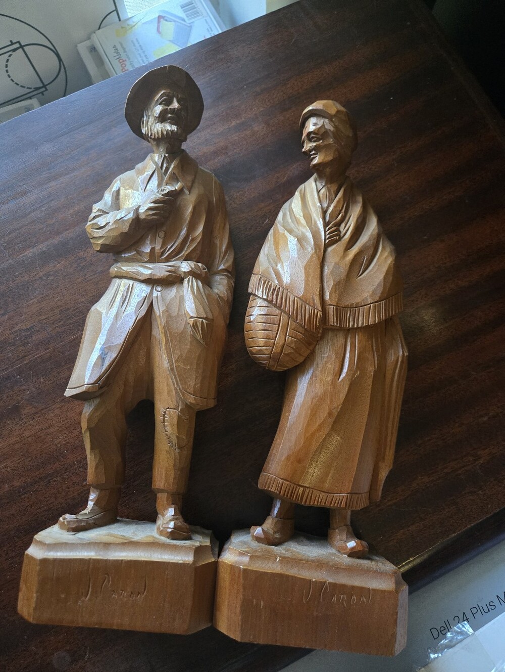 MCM Vintage Signed J. Caron Quebec Wood Carving Pair - Old Couple Folk Art